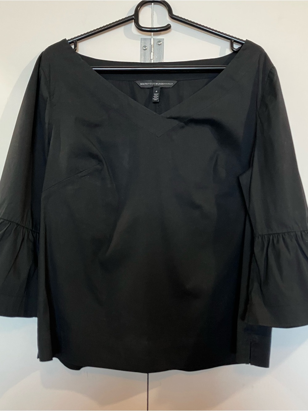 WHBM Black V-Neck Bell Sleeve Blouse
